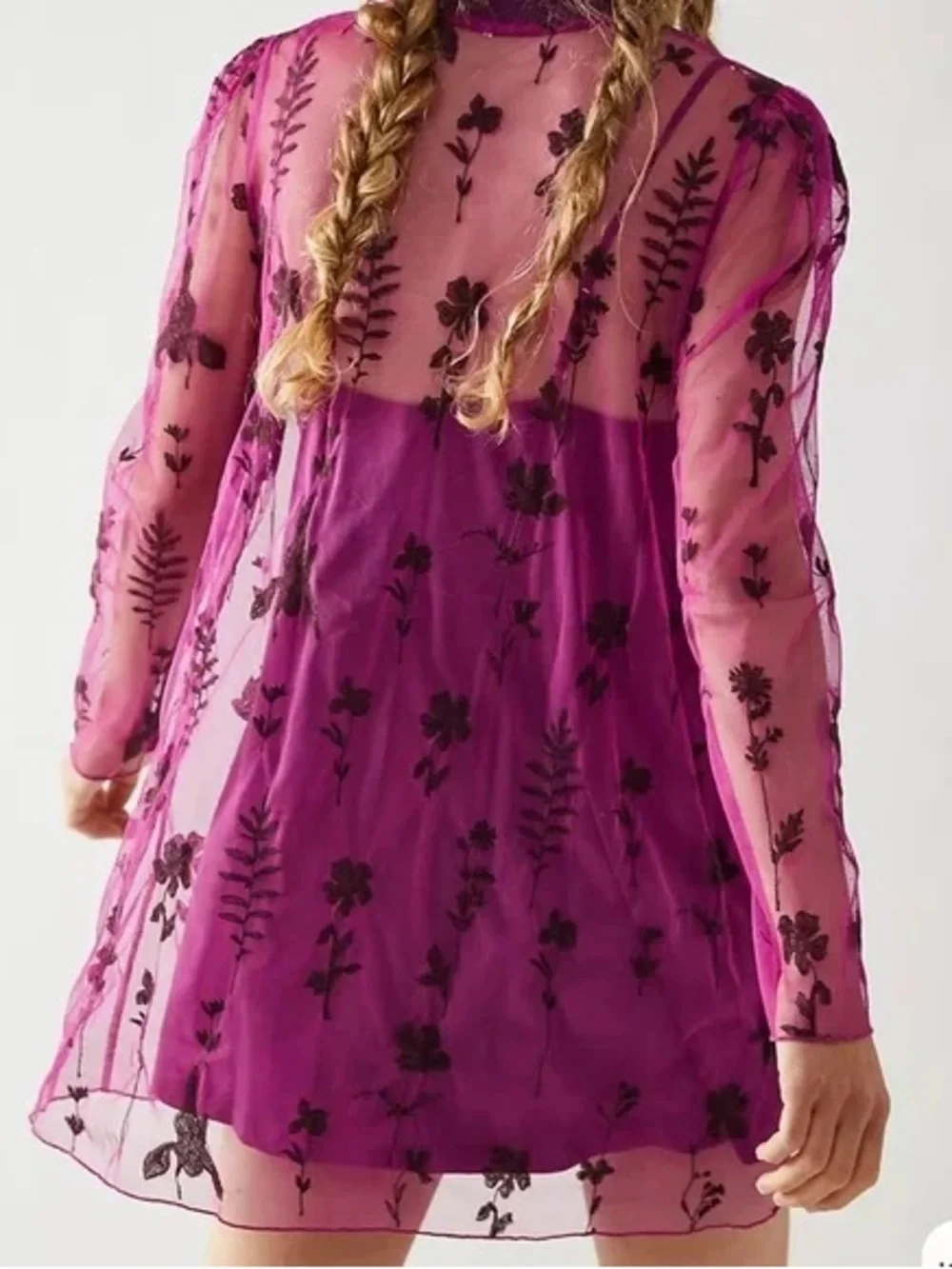 Free People Cecilia Sheer Floral Purple Mini Dress Large Whimsical Ethereal Boho - Picture 2 of 6